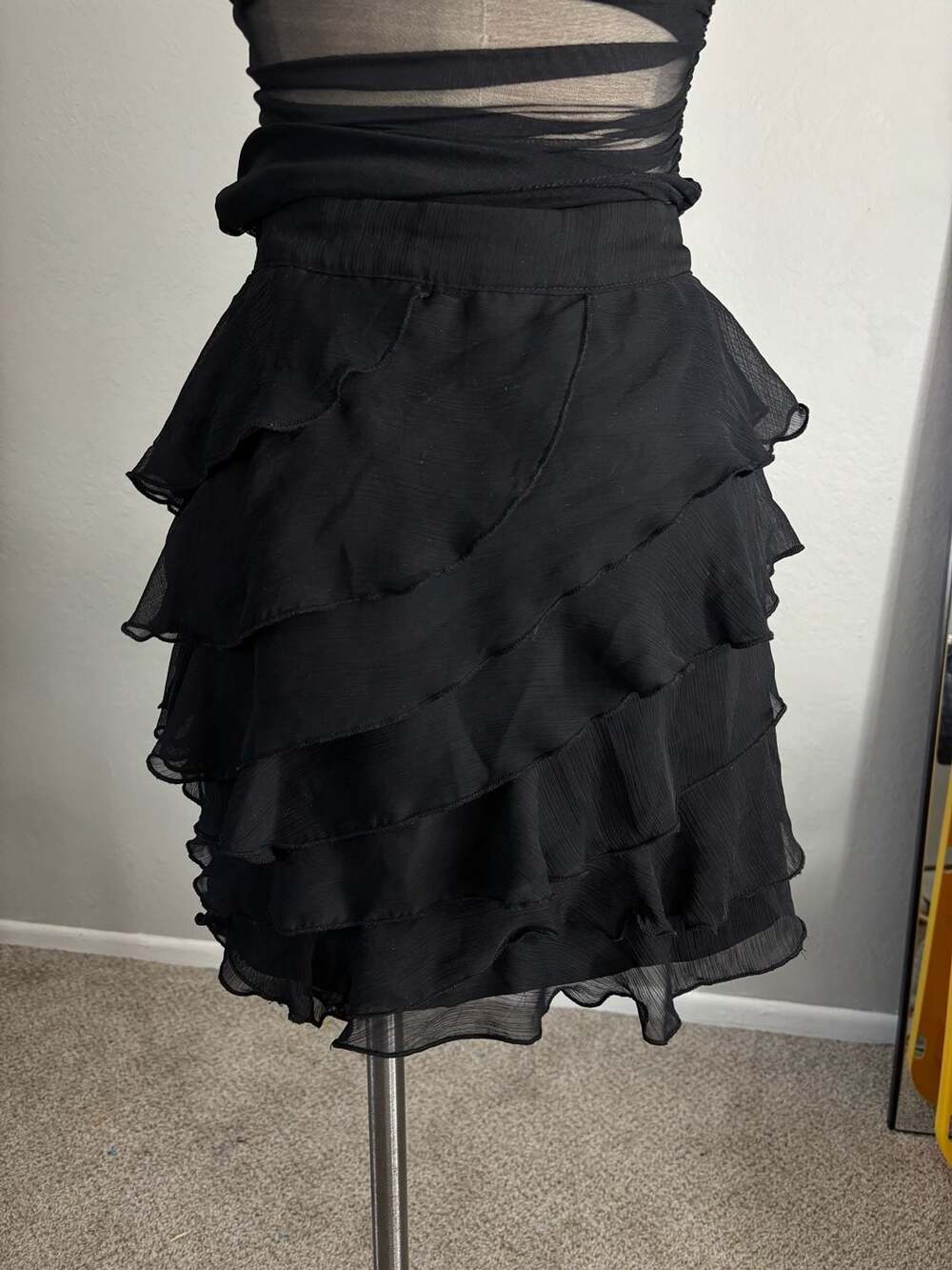Steve Madden Black Chiffon Tiered Ruffle Mini Skirt